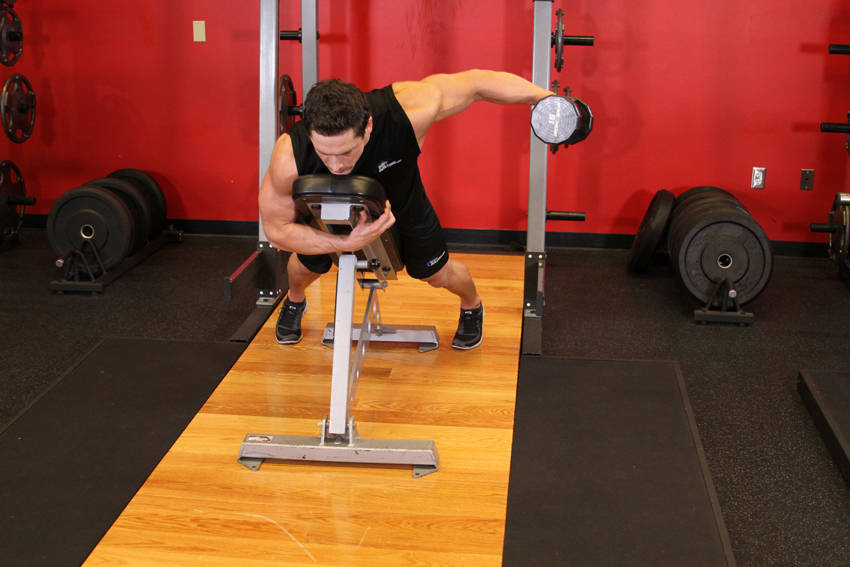 Dumbbell Lying One-Arm Rear Lateral Raise - ending position