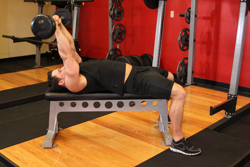 Lying Close-Grip Barbell Triceps Extension Behind The Head - ending position