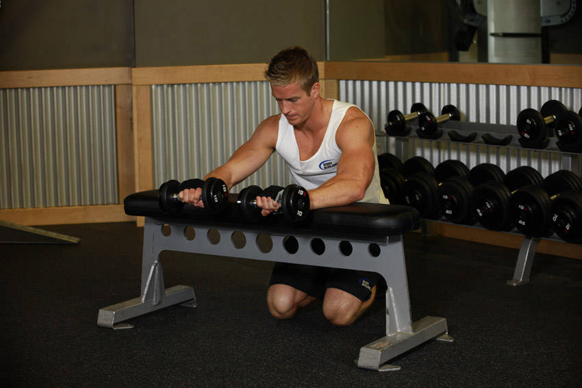 Palms-Down Dumbbell Wrist Curl Over A Bench - ending position