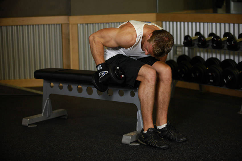 Seated Bent-Over One-Arm Dumbbell Triceps Extension - starting position