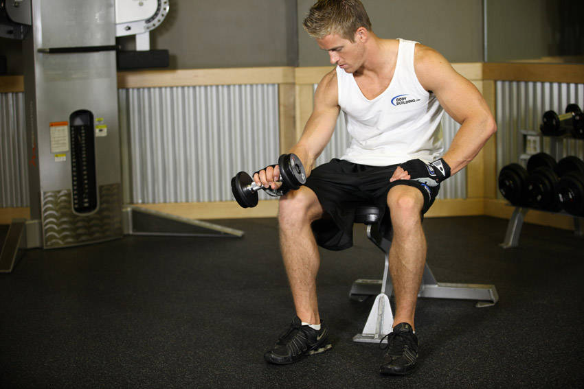 Seated One-Arm Dumbbell Palms-Down Wrist Curl - ending position