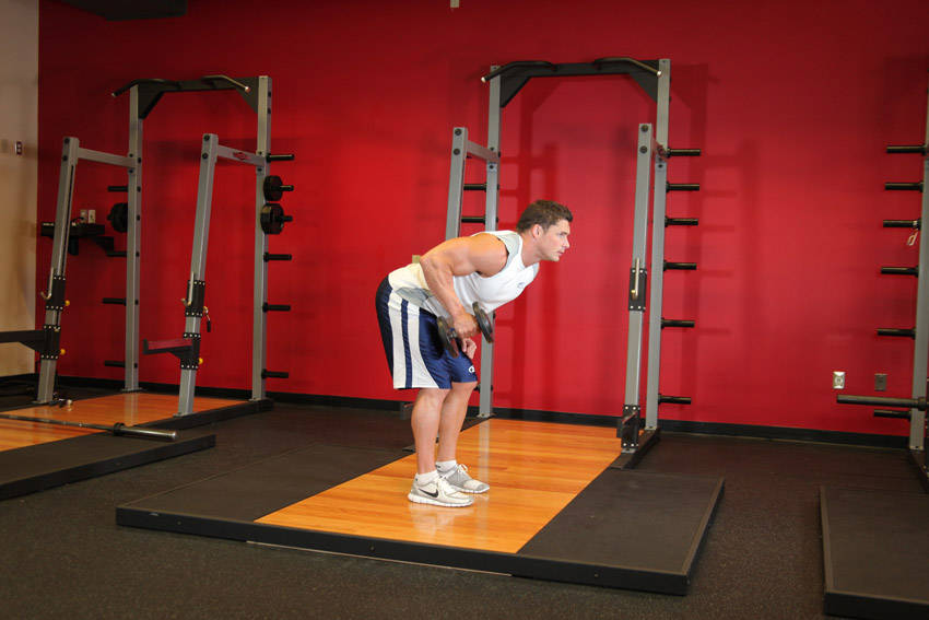 Standing Bent-Over One-Arm Dumbbell Triceps Extension - starting position