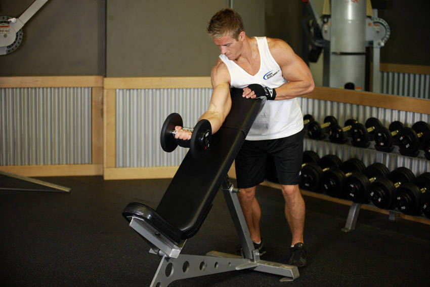 Standing One-Arm Dumbbell Curl Over Incline Bench - starting position