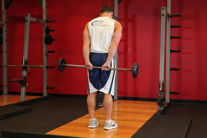 Standing Palms-Up Barbell Behind The Back Wrist Curl - ending position