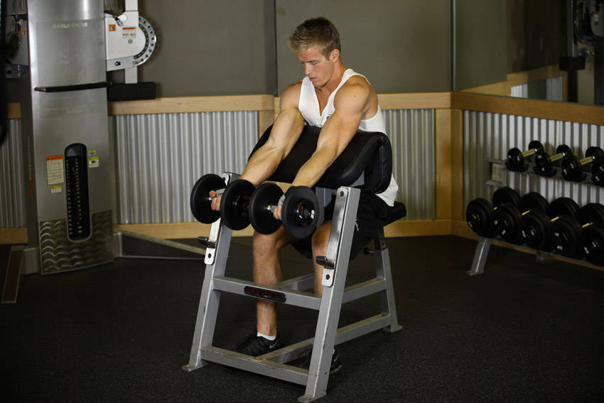 Two-Arm Dumbbell Preacher Curl - starting position